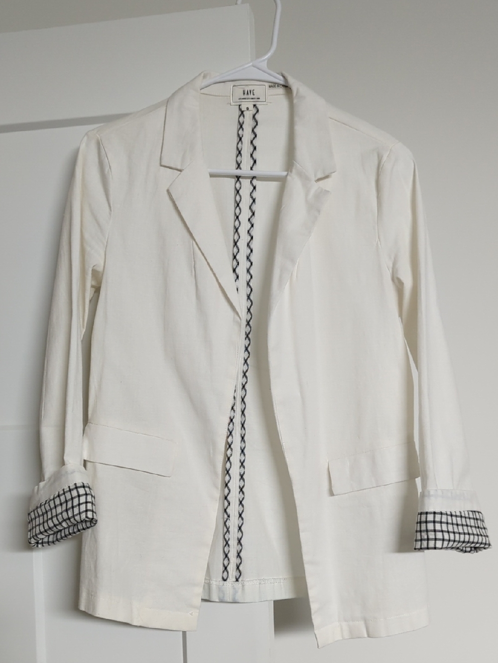 White Open-Front Blazer with Checked Cuff Trim